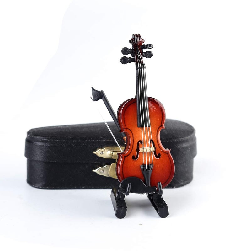 Dselvgvu Wooden Miniature Violin with Stand, Bow and Case Mini Violin Musical Instrument Replica Collectible Figurines Collection Decorative Ornament Dollhouse Accessories Model (3.15"x1.18"x0.59") - Image 1